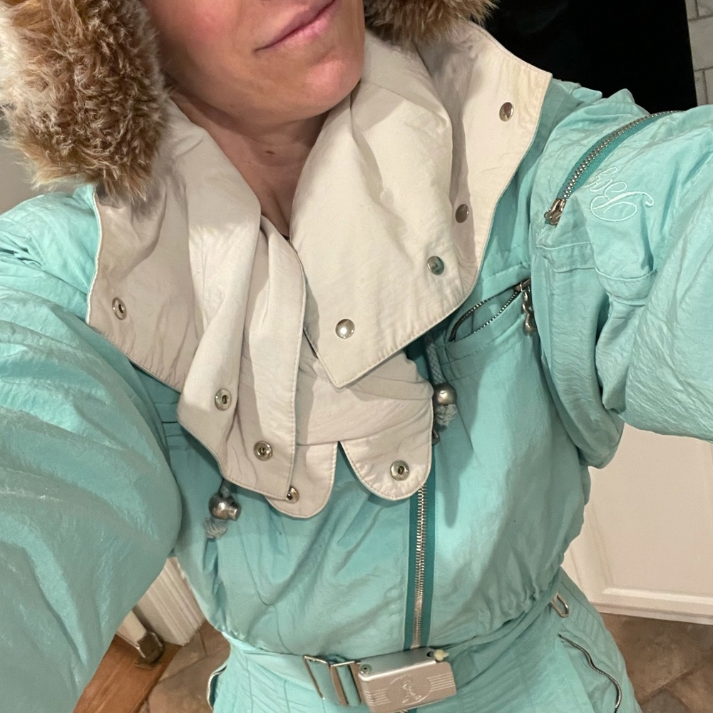 Bogner Mint Green Ski Jacket with Cream Trim and Fur Hood